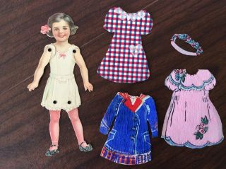 Antique Dennison Jointed Arms And Legs Paper Doll W/ 3 Crepe Paper Dresses