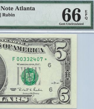 1995 $5 Atlanta Rare Star ⭐️ Frn,  Pmg Gem Uncirculated 66 Epq Banknote