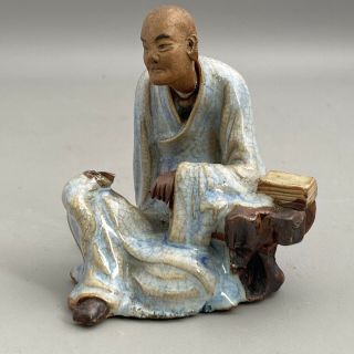 Vintage Japanese Shiwan Mud Man Glazed Art Pottery Scholar Man In Blue Robe - 9cm