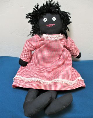 Vintage Black Cloth Rag Doll Girl 17 " Folk Art Button Eyes Gingham