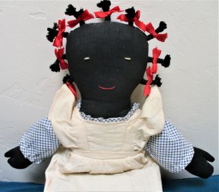 Vintage Black Cloth Rag Doll Girl 14 " Folk Art Red Ribbons & Pinafore