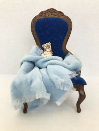 Dollhouse Miniature Victorian Blue Chair / Pug / Fantastic Merchandise 1:12