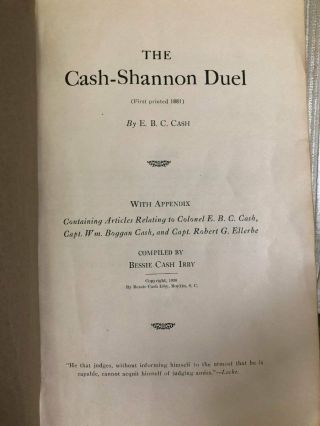 The Cash - Shannon Duel By EBC Cash 1930 Full Account of 1880 SC Duel HTF RARE 2