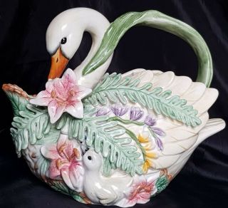 Fitz And Floyd Classic Large Swan & Babies Teapot Floral Lily Rare