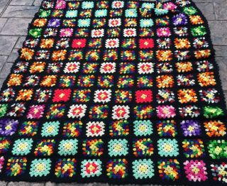 Vintage Granny Square Crochet Afghan Blanket Throw Black 52” X 62”