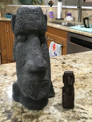 2 Authentic Easter Island Moai Statue " Garden Tiki " - Rare - 1 Bonus Wood Carved