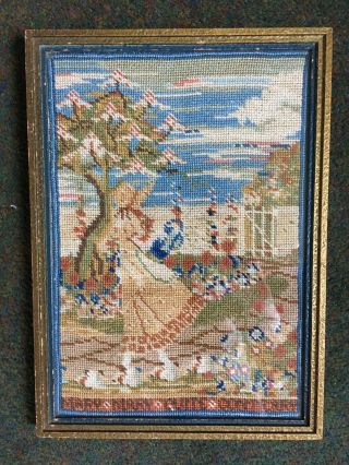 Vintage Antique Tapestry Hand Stitched Picture 8.  5in By 12in