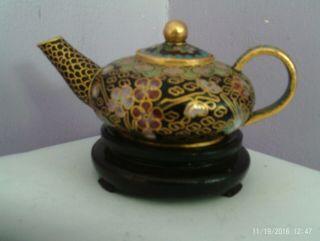 Fab Vintage Chinese Cloisonne Flower Design Teapot On Wooden Base 11 Cms Long