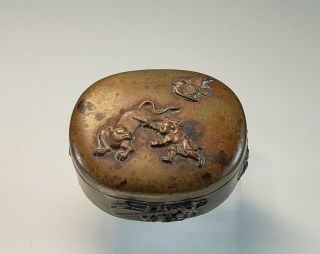 Antique Japanese Style Brass Pillbox With Tigers And Birds Hinged Box