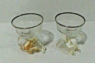 Antique Bride & Groom Toasting Glasses Javit Crystal Boxed Set Silver Rim
