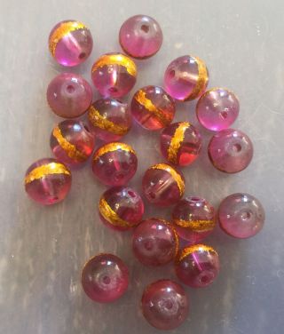 Vintage Czech Berry Pink W Gold Foil Applied Banded Round Roundish Glass Beads