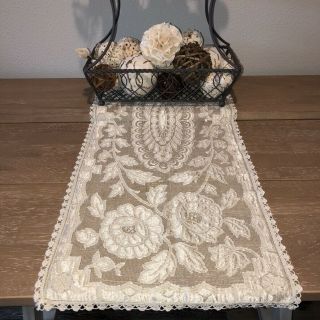 Vintage Antique Delicate Ecru Lace Table Runner 37 " X13 " Crocheted Edges Granny