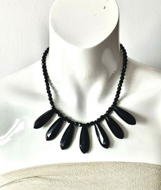 Antique Victorian Gothic Style Black Glass & Plastic Droplet Necklace - 17inch
