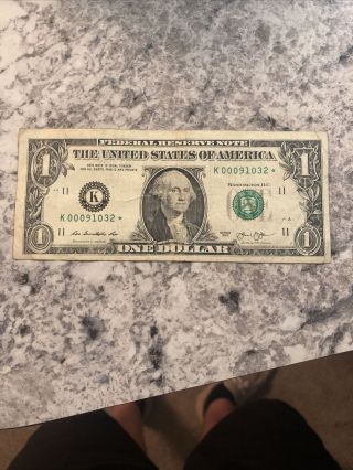 Low Serial Number Star Note One Dollar $1 Bill,  K00091032 Rare