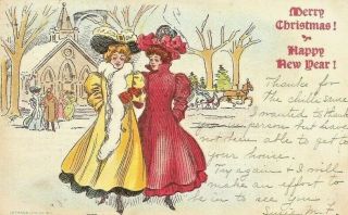 Antique Vintage Postcard Victorian Women Christmas Year 1907 Lithograph