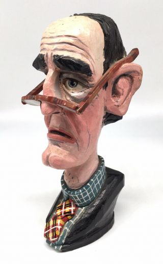 Vintage Wood Carved Caricature Bob Newhart Face Head Bust