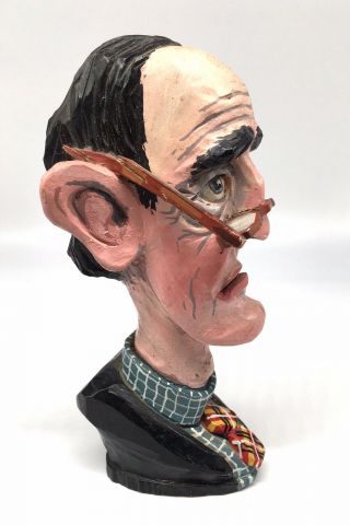 Vintage Wood Carved Caricature Bob Newhart Face Head Bust 2