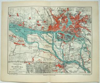 1908 Map Of Hamburg & Vicinity By Meyers.  Germany.  Antique