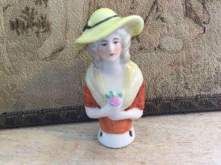 Antique Vintage Germany Bisque Porcelain Half Doll With Yellow Hat Pink Rose