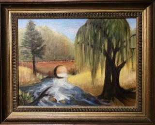 Antique Landscape Oil Painting Signed Framed Willow Tree River 16 X 20