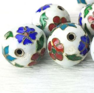 2 Antique White Mixed Color Flowers Cloisonne Chinese Enamel 16mm 2beads