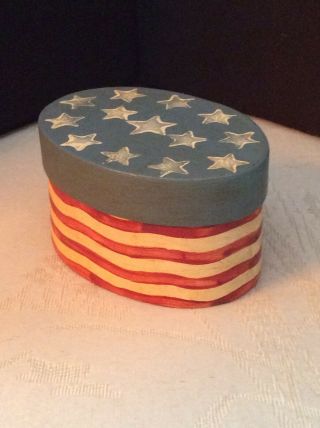 Americana Wood Band Box Signed Stars Stripes Dated 1989 Made Usa Folk Art