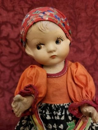 Vintage All Composition Early Doll 8 Inch Painted Features Molded Hair Cute Girl