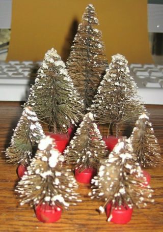 8 Vintage Bottle Brush Christmas Trees Snow Red Wood Bases Train Towns Antique