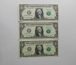 (3) 2009 $1 Dollar Fed Reserve Notes - Rare Consecutive Serial 