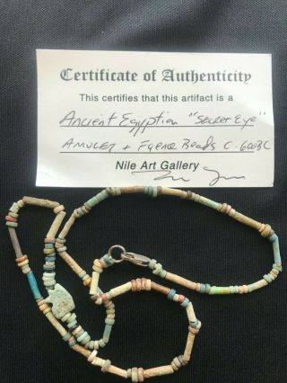 Ancient Egyptian Facience Beads Amulet Necklace W/certificate " Secret Eye "