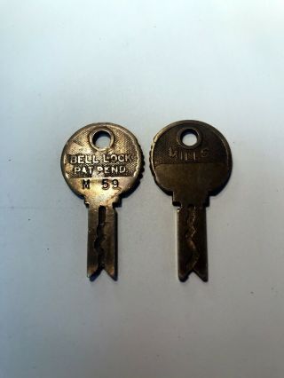 Two (2) Old Antique Vintage Mills Novelty Co.  Chicago Slot Machine Brass Keys