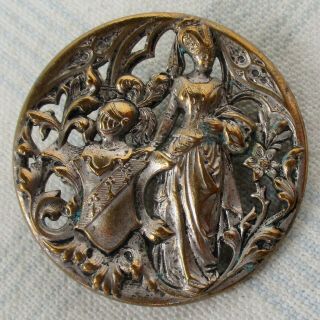 1 7/16 " Antique 1 - Piece Stamped Brass Button,  Elegant Female Standing By Armor