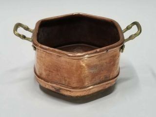 Antique Copper Sauce Pan Pot Handmade Hammered W/ Brass Handles Hexagon Shape