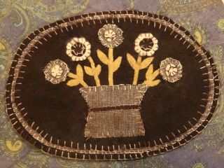 Vintage Antique Folk Art Felt Applique Basket Of Flowers Hand Sewn Wall Hanging