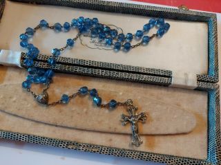 Vintage Antique Sterling Silver And Blue Glass Rosary Bead Necklace