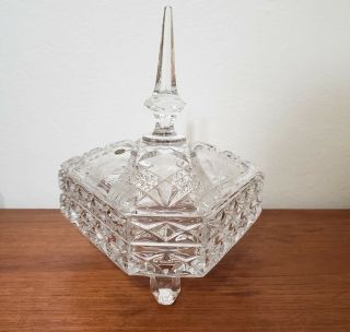 Rare Vintage Clear Crystal Hexagon Candy Dish With Lid 3 Footed Western Germany