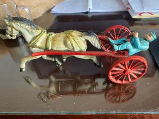 Antique 2 - Piece Cast Iron Race Horse With Sulky And Driver - 10 Inches