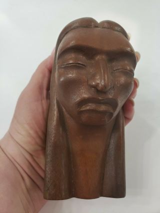 Vintage Hand Carved Wooden Signed J.  Pinal Indian Or Aztec Head Wall Decor 6 " T