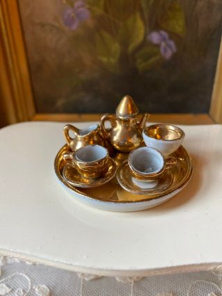 Miniature Vintage Antique German Dollhouse Tea Set - Gold Porcelain