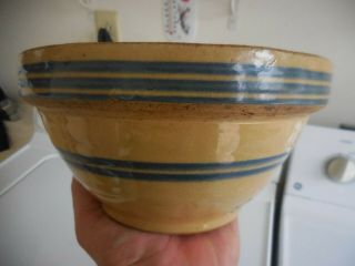Primitive Antique Yellow Ware Mixing Bowl Blue Bands Early Hull Pottery