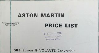 Aston Martin Db6 And Volante Price List 1966 - Extremely Rare
