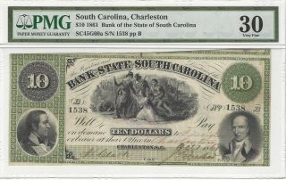 Rare,  1861 $10 South Carolina Bank Note Large Currency Old Paper Money Pmg 30