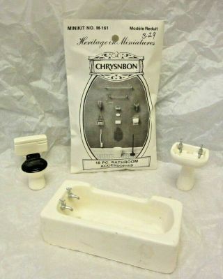Vtg Chrysnbon Bathroom Miniature Kit W Sink Tub Toilet Dollhouse Soap Shower Cap