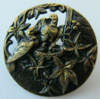 Fabulous Antique Vtg Victorian Metal Picture Button W/ Birds 1 - 1/8 " (j)