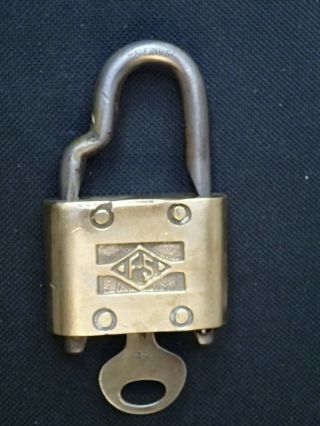 F.  S Fraim Slaym Padlock Brass Vintage Antique Lock With Key Spare Tire