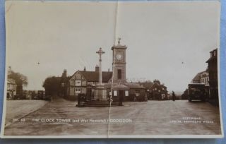 Antique Postcard Real Photo Hoddesdon Clock Tower & War Memorial Hertfordshire