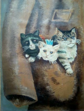 Three Little Kittens In A Coat Pocket Really Old Oil On Board Painting.