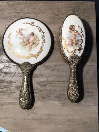 Antique Victorian Brass Hand Held Vanity Mirror Brush Set Porcelain Cherubs