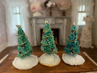 Vintage Miniature Dollhouse 3 Decorated Table Top Christmas Bottle Brush Trees