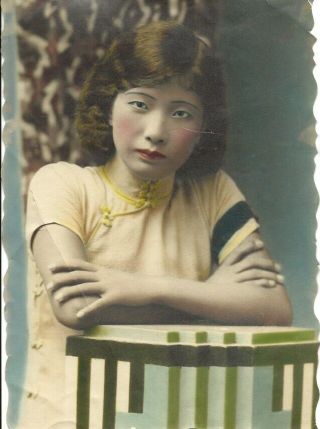 Antique Vintage Photograph Color Tinted Asian Young Woman 8.  25 X 12.  5